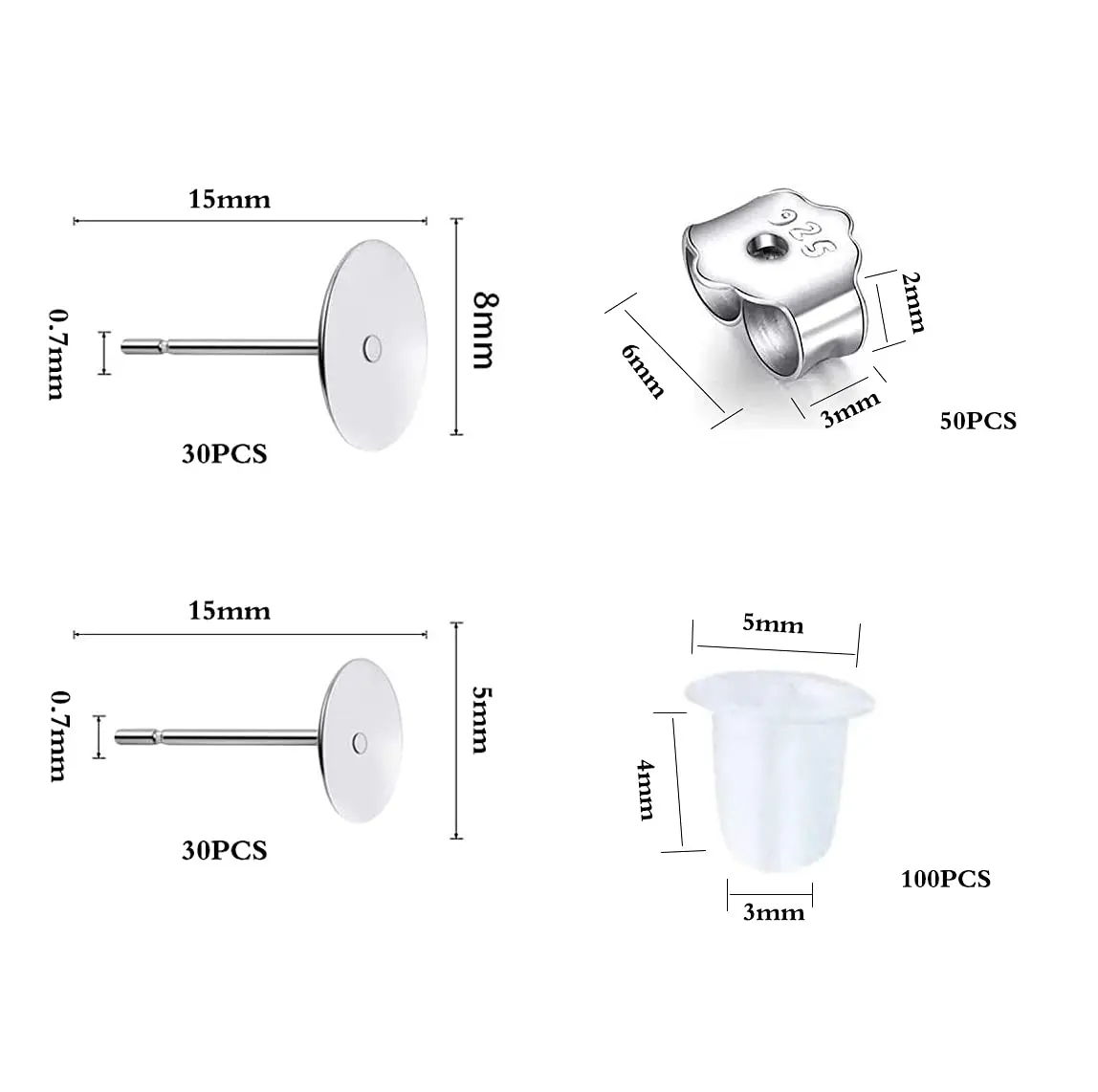 Moonear Sterling Silver Plated Flat Pad Earring Studs 5mm & 8mm | Hypoallergenic Jewelry Findings - view 2