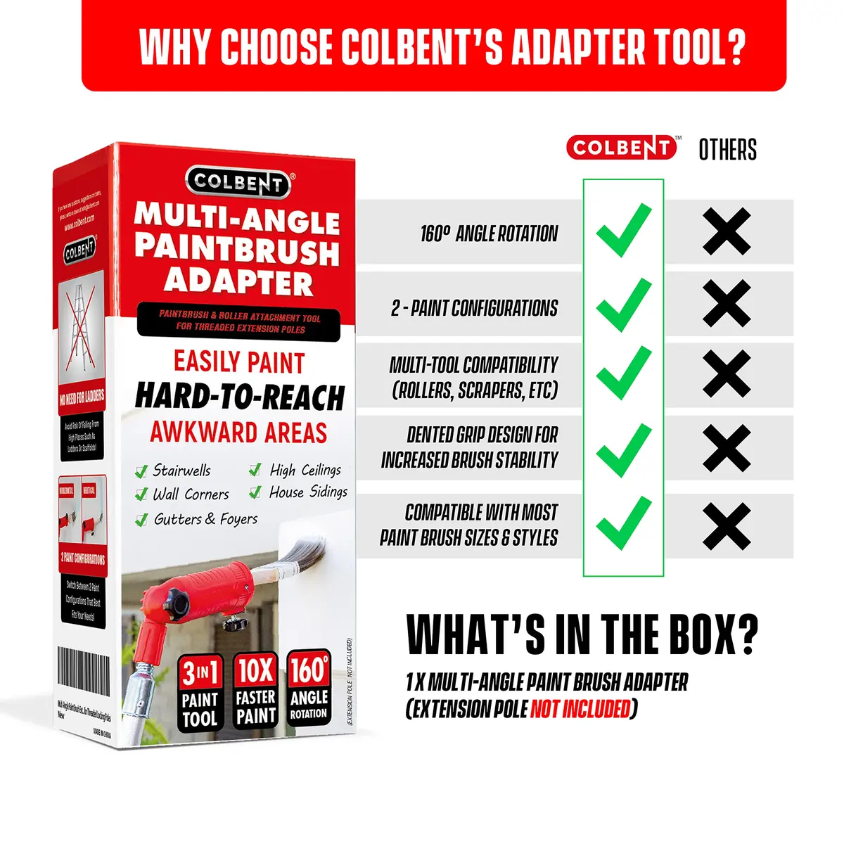 Colbent Multi-Angle Paint Brush Extender - High Ceiling Edger Tool, Extension Pole Attachments | 1-3 Inches Wide - view 7