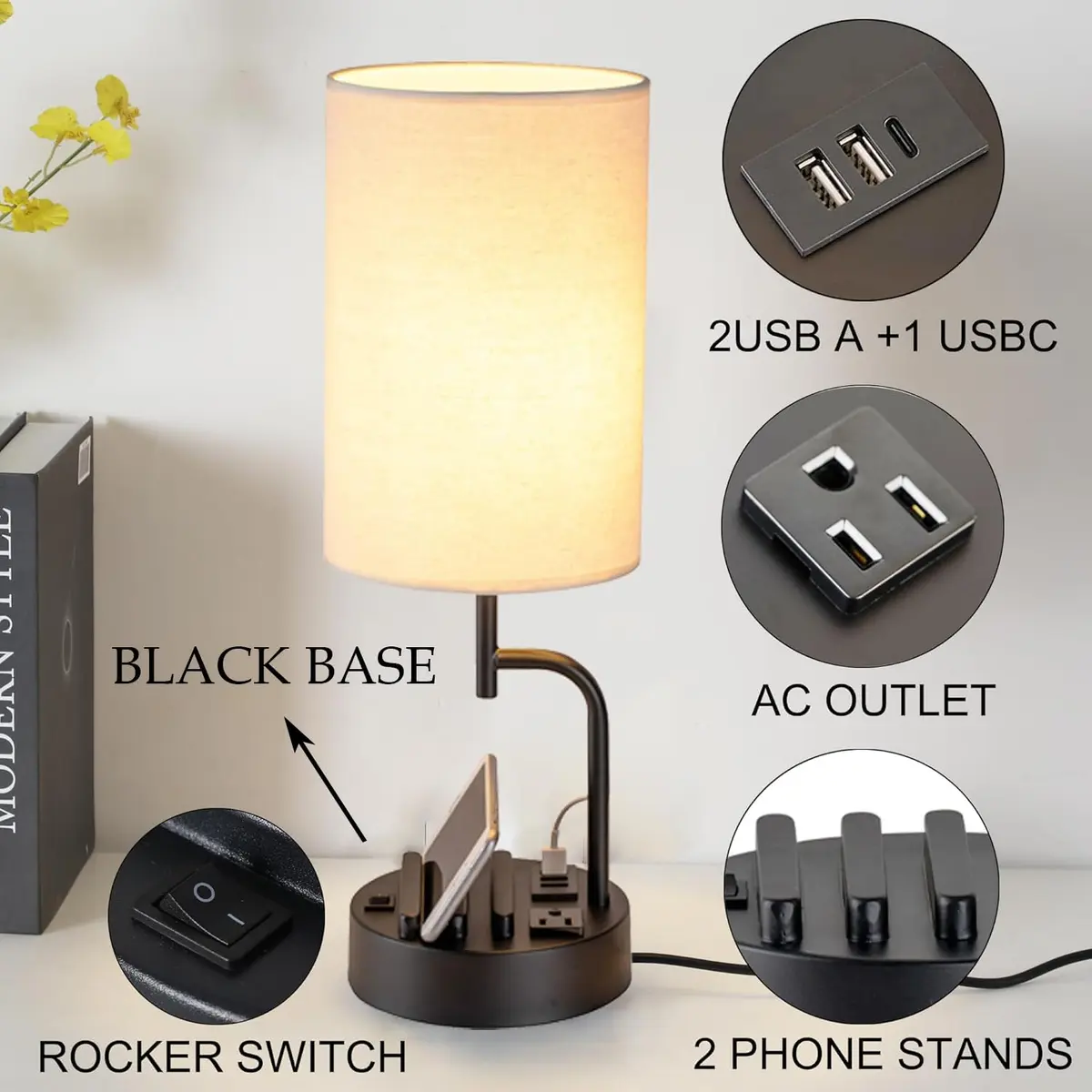 Dreamholder Modern Desk Lamp with 3 USB Ports & AC Outlet | Bedside & Office Lighting (Pack of 2) - view 2