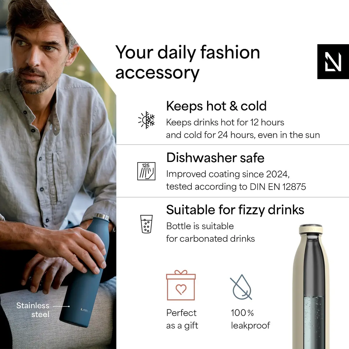 LARS NYSØM Stainless Steel Insulated Water Bottle 34oz | Keeps Drinks Cold 24h Hot 12h Leakproof - view 2