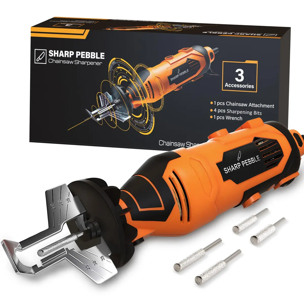 Sharp Pebble Electric Chainsaw Sharpener Kit 120V | 4 File Sizes, Angle Guide, Wrench & eBook - main product image