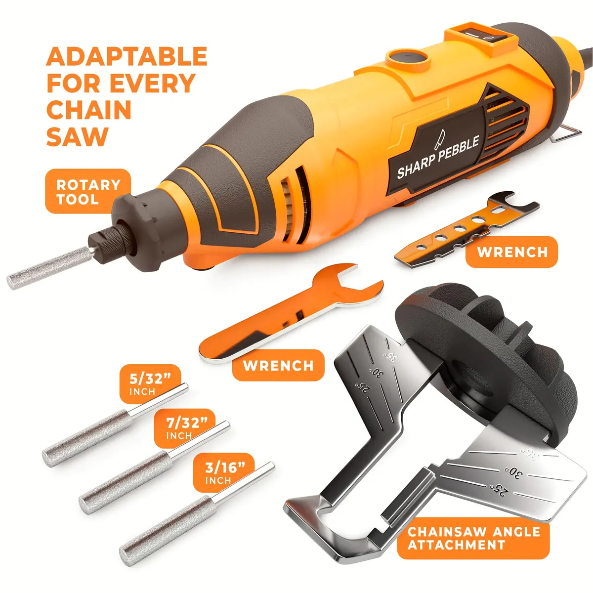 Sharp Pebble Electric Chainsaw Sharpener Kit 120V | 4 File Sizes, Angle Guide, Wrench & eBook - view 2