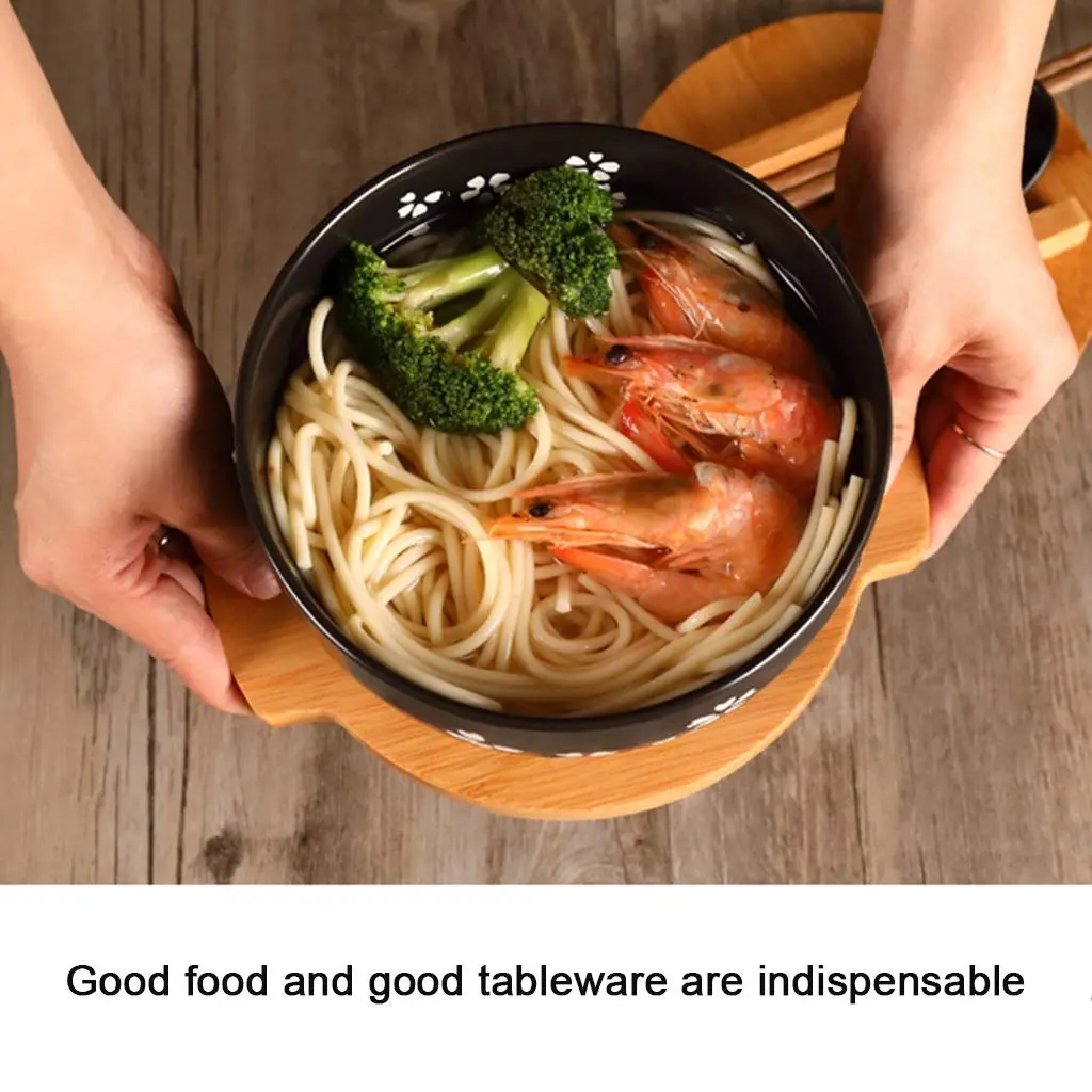Cereal Bowls Japanese Ramen Noodle Bowl Set with Lid, Spoon & Chopsticks - 1000ml (33.8 Fl Oz) - Black Cherry Pattern - view 5