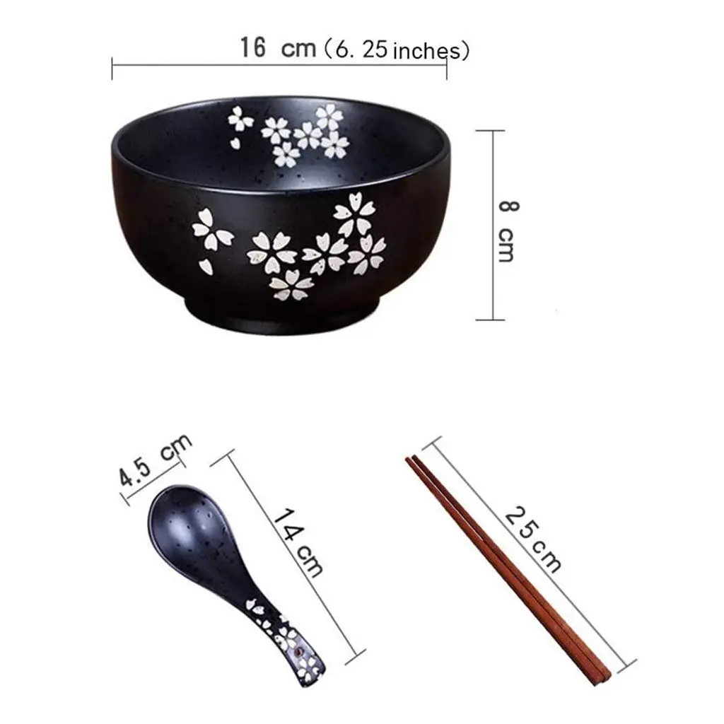 Cereal Bowls Japanese Ramen Noodle Bowl Set with Lid, Spoon & Chopsticks - 1000ml (33.8 Fl Oz) - Black Cherry Pattern - view 6