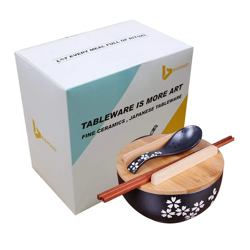 Cereal Bowls Japanese Ramen Noodle Bowl Set with Lid, Spoon & Chopsticks - 1000ml (33.8 Fl Oz) - Black Cherry Pattern - view 7