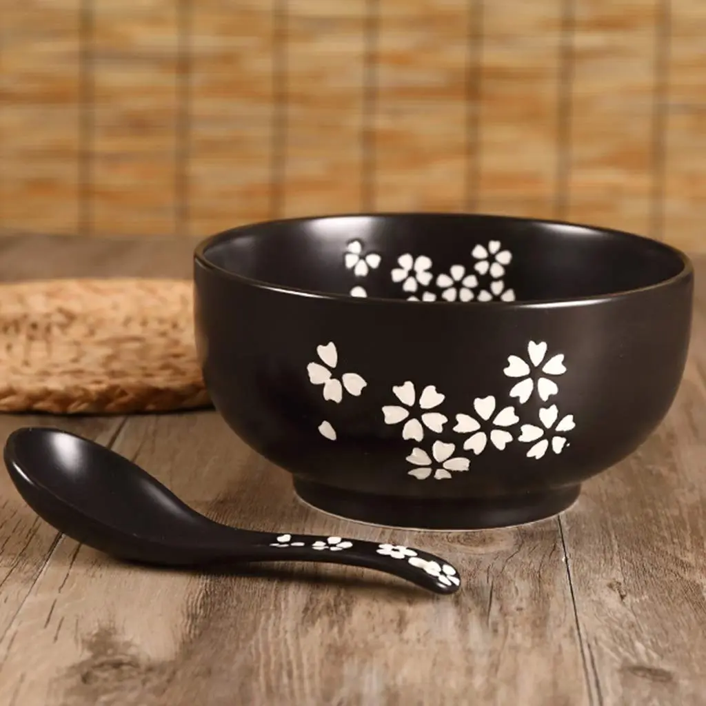 Cereal Bowls Japanese Ramen Noodle Bowl Set with Lid, Spoon & Chopsticks - 1000ml (33.8 Fl Oz) - Black Cherry Pattern - view 2