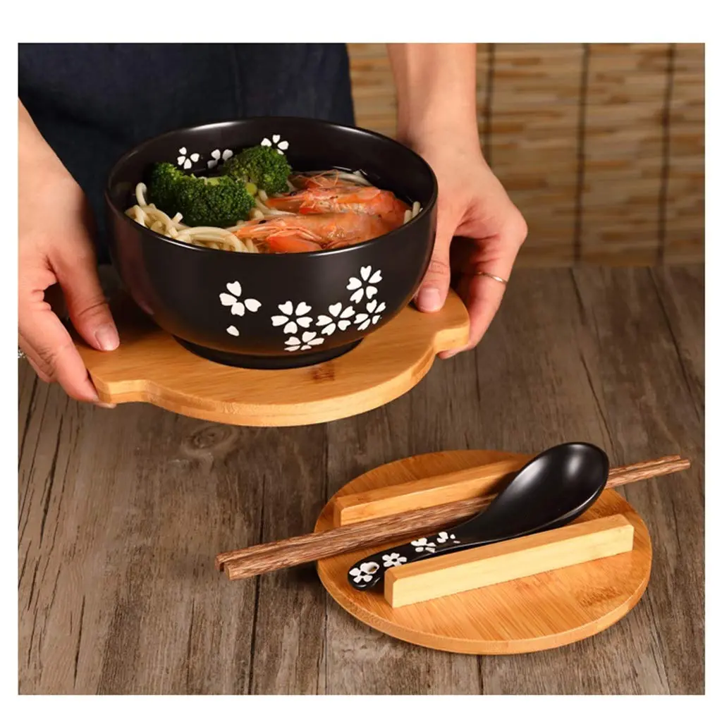 Cereal Bowls Japanese Ramen Noodle Bowl Set with Lid, Spoon & Chopsticks - 1000ml (33.8 Fl Oz) - Black Cherry Pattern - view 3