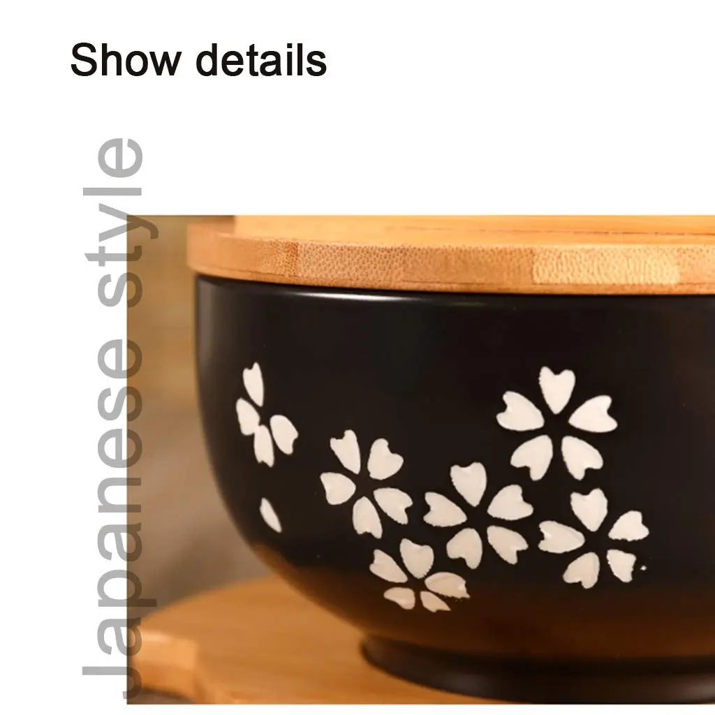 Cereal Bowls Japanese Ramen Noodle Bowl Set with Lid, Spoon & Chopsticks - 1000ml (33.8 Fl Oz) - Black Cherry Pattern - view 4