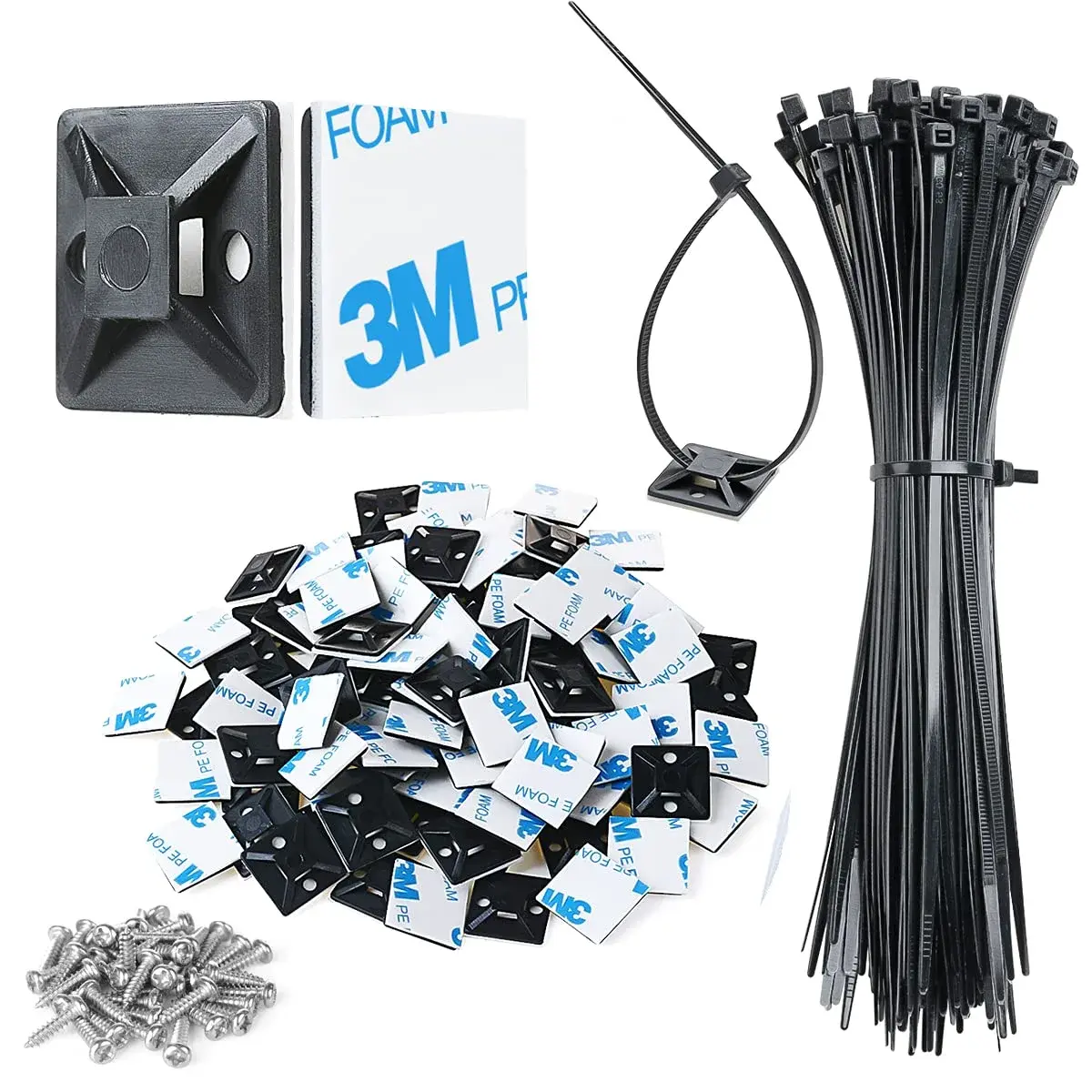 XHF Black Cable Tie Mounts with Zip Ties & Screws | 100pcs Mounts, 100pcs 8" Zip Ties, 100pcs Screws - main product image