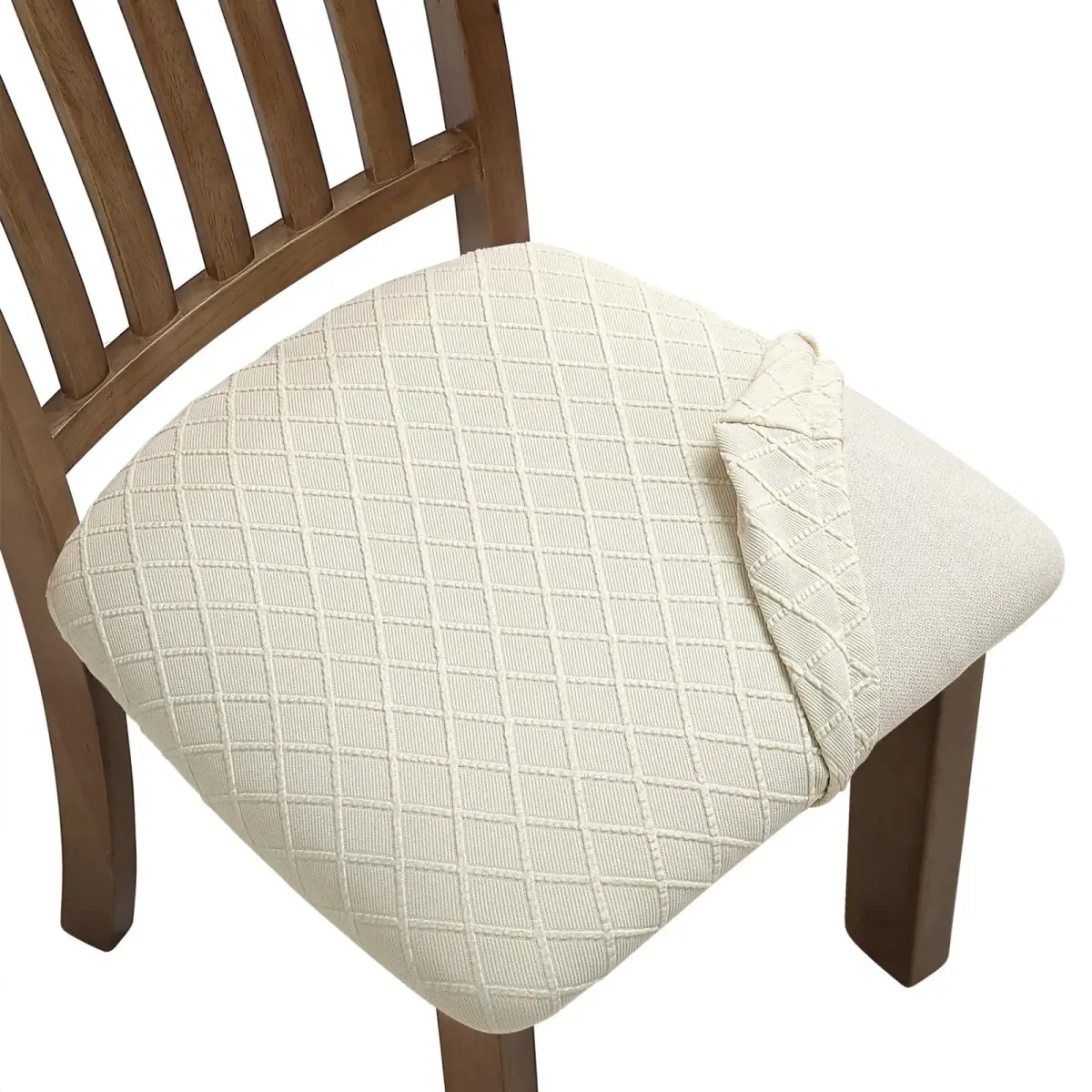 Fuloon Beige Jacquard Dining Chair Seat Covers (2 Pack, 34-46cm Seat Width) | Stretch Fit & Washable - main product image