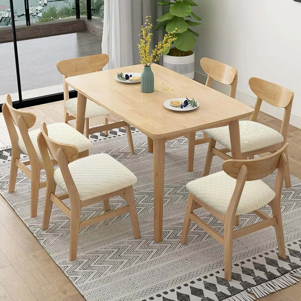 Fuloon Beige Jacquard Dining Chair Seat Covers (2 Pack, 34-46cm Seat Width) | Stretch Fit & Washable - view 2