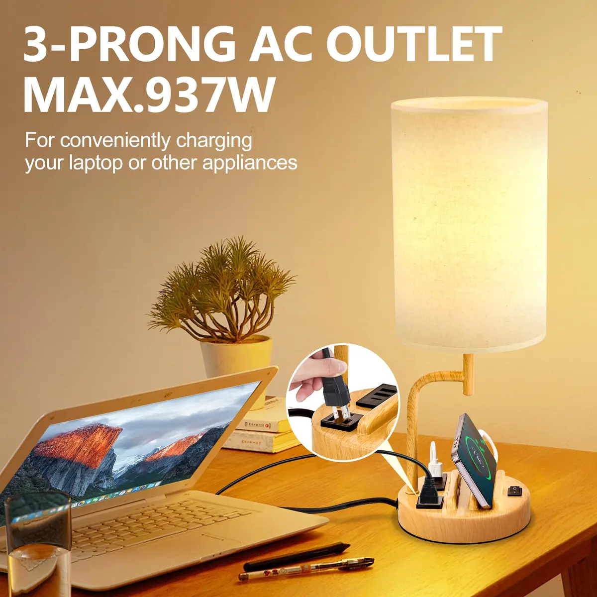 Dreamholder Table Lamp with 3 USB Ports & AC Outlet | Modern Nightstand Lamp for Bedroom & Office - view 5