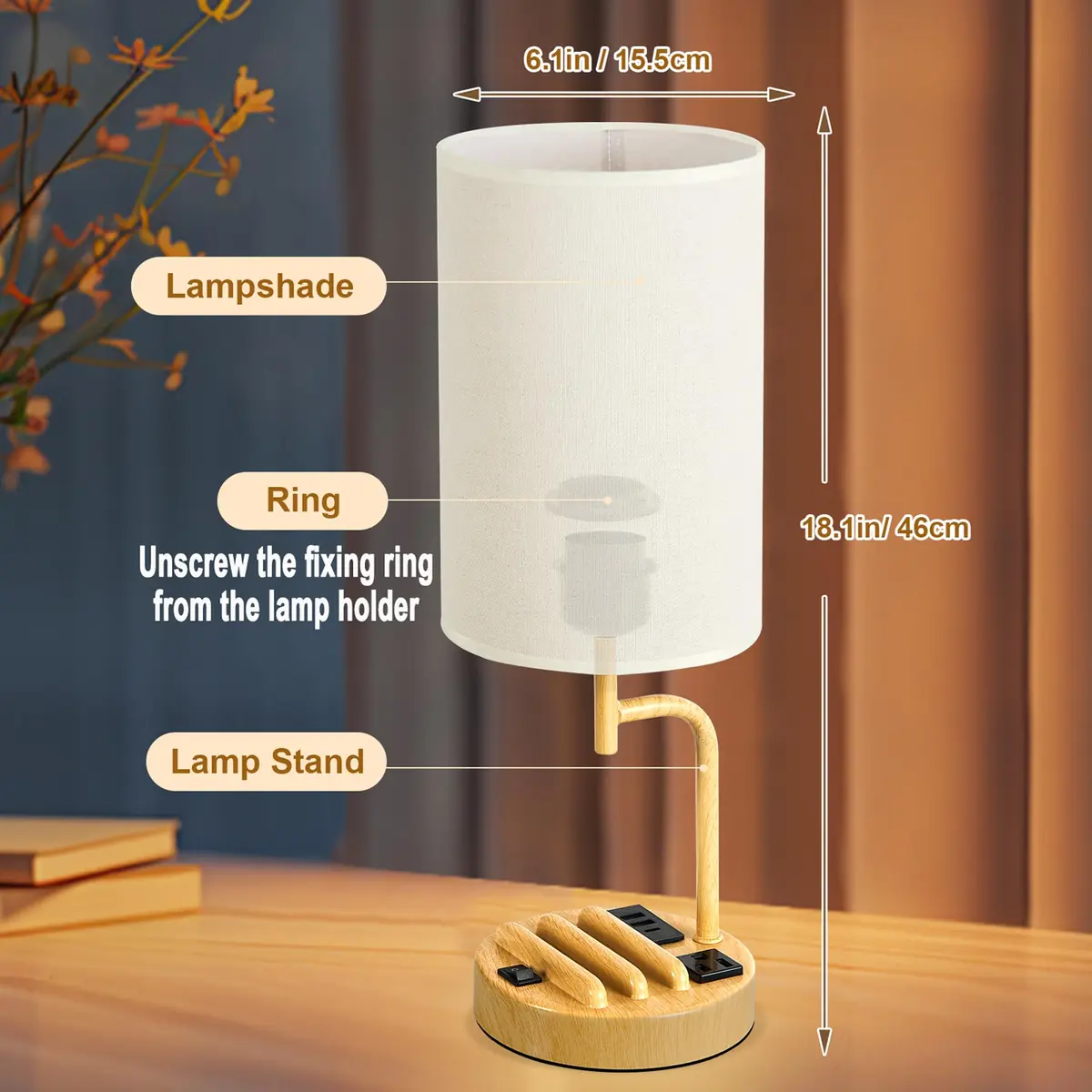 Dreamholder Table Lamp with 3 USB Ports & AC Outlet | Modern Nightstand Lamp for Bedroom & Office - view 6
