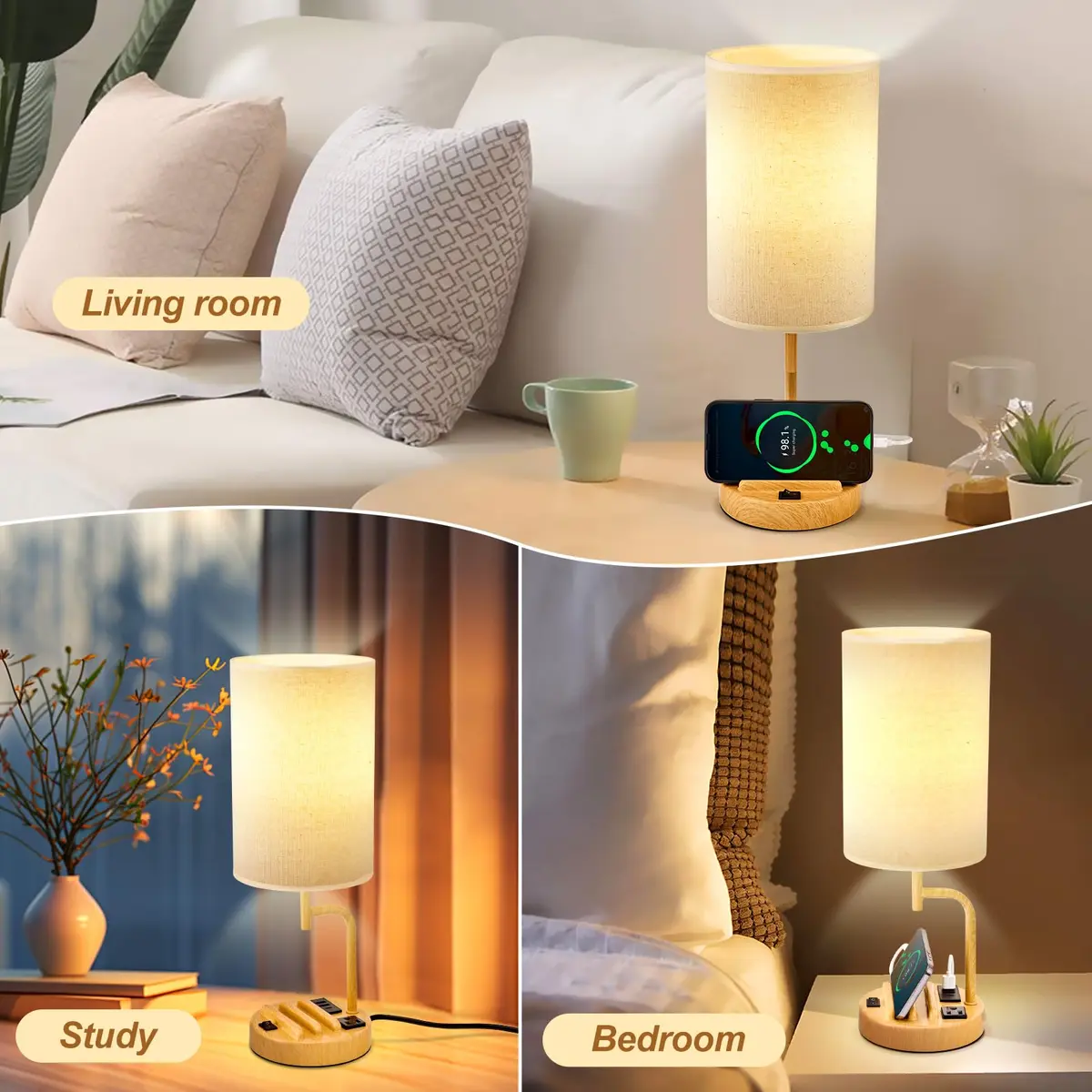 Dreamholder Table Lamp with 3 USB Ports & AC Outlet | Modern Nightstand Lamp for Bedroom & Office - view 7