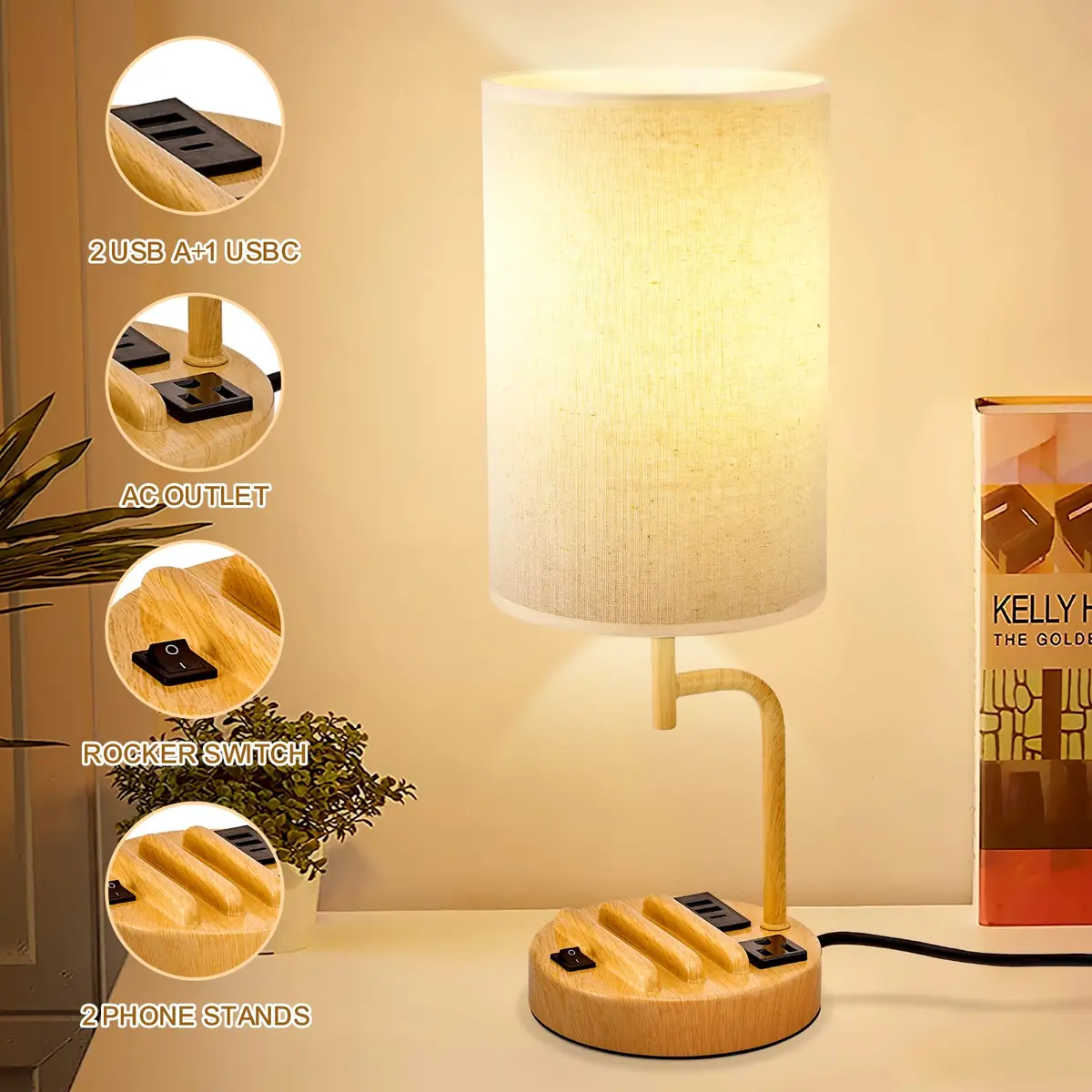 Dreamholder Table Lamp with 3 USB Ports & AC Outlet | Modern Nightstand Lamp for Bedroom & Office - view 3