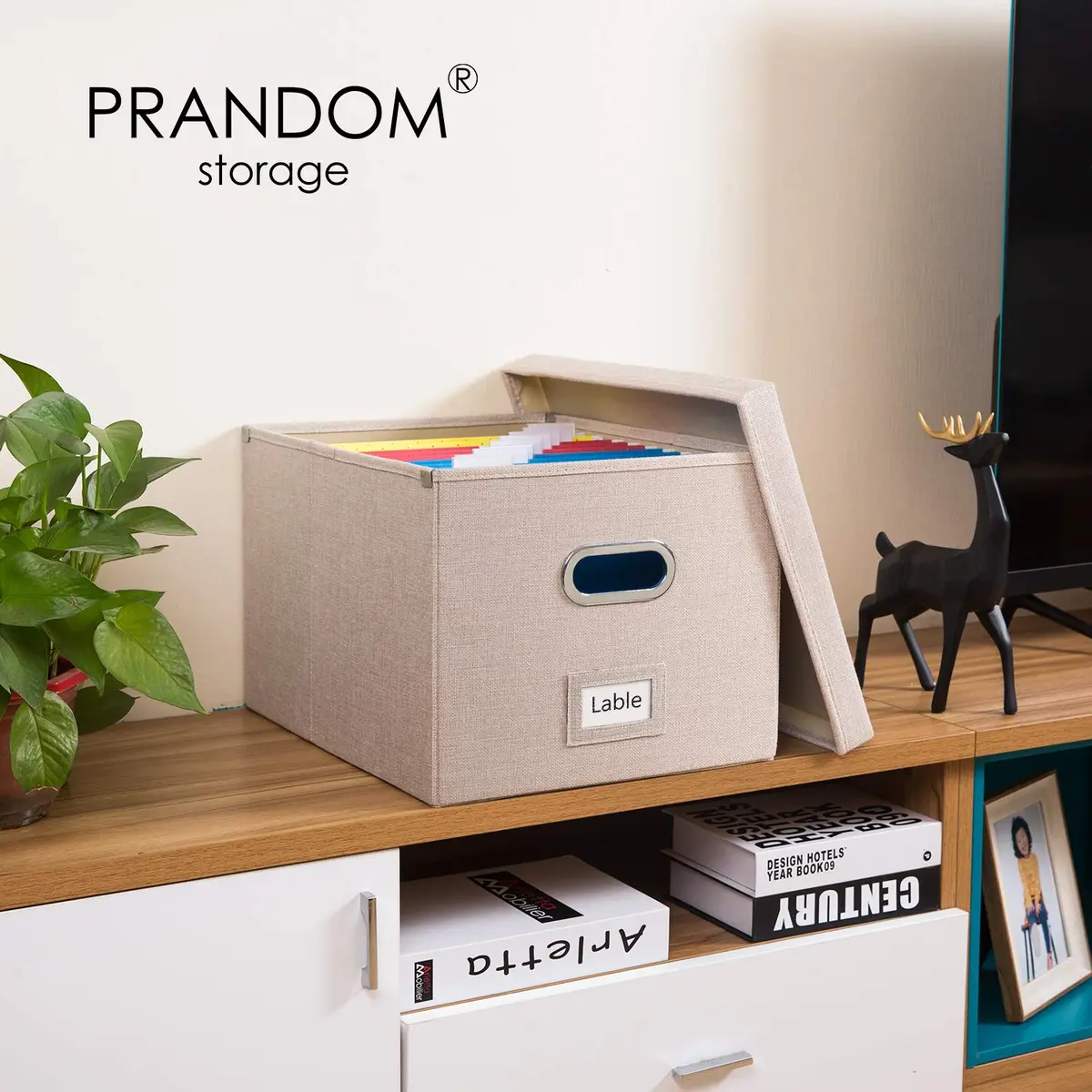 PRANDOM File Organizer Box with Lid, Collapsible Decorative Linen Filing Storage for Letter/Legal Size, 17x14x11.2 inch Light Grey | Organizes Documents for Office & Home - view 2