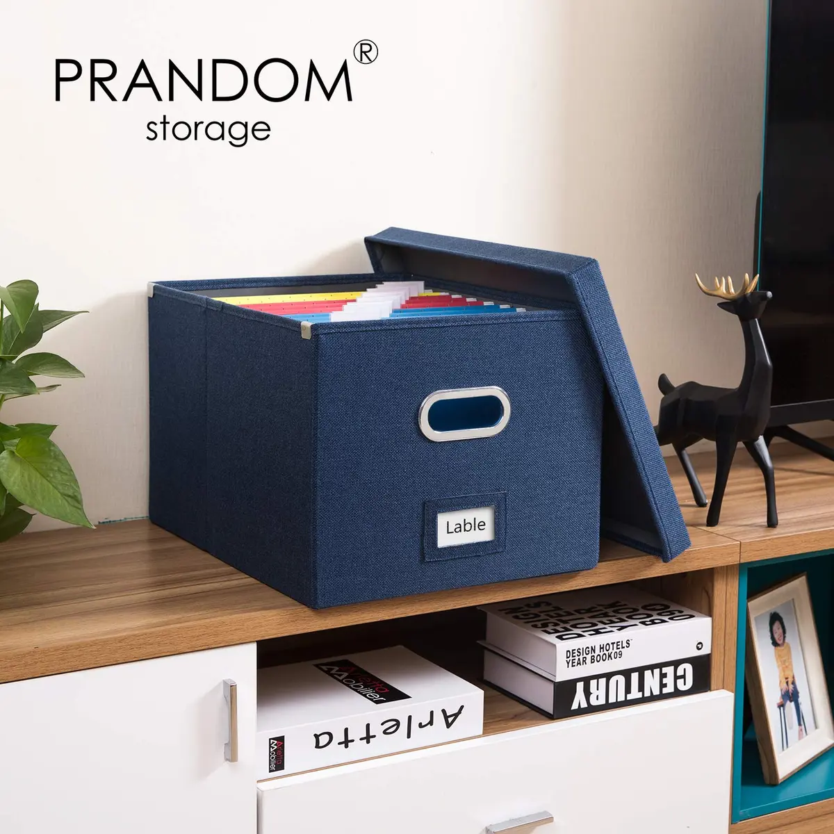 PRANDOM Decorative Linen File Organizer Box with Lid, 39L (17x14x11.2 inch) | Collapsible & Stackable for Letter/Legal Size Files - view 2