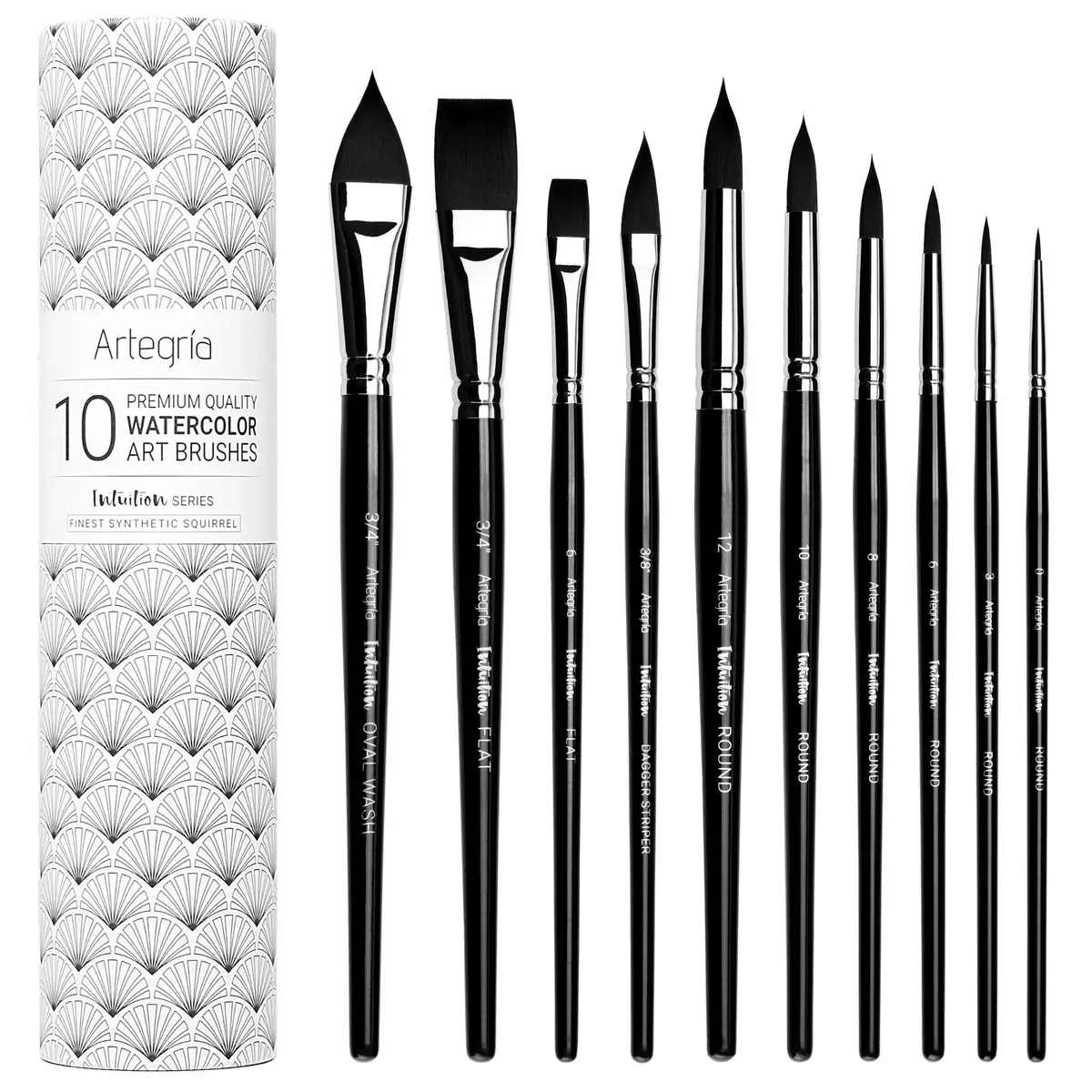 ARTEGRIA Watercolor Brush Set, 10 Soft Synthetic Squirrel Brushes with Dagger, Oval Wash, Flats & Rounds | Professional Grade, Pointed Rounds, Flats, Dagger and Oval Wash (Cat's Tongue) - main product image