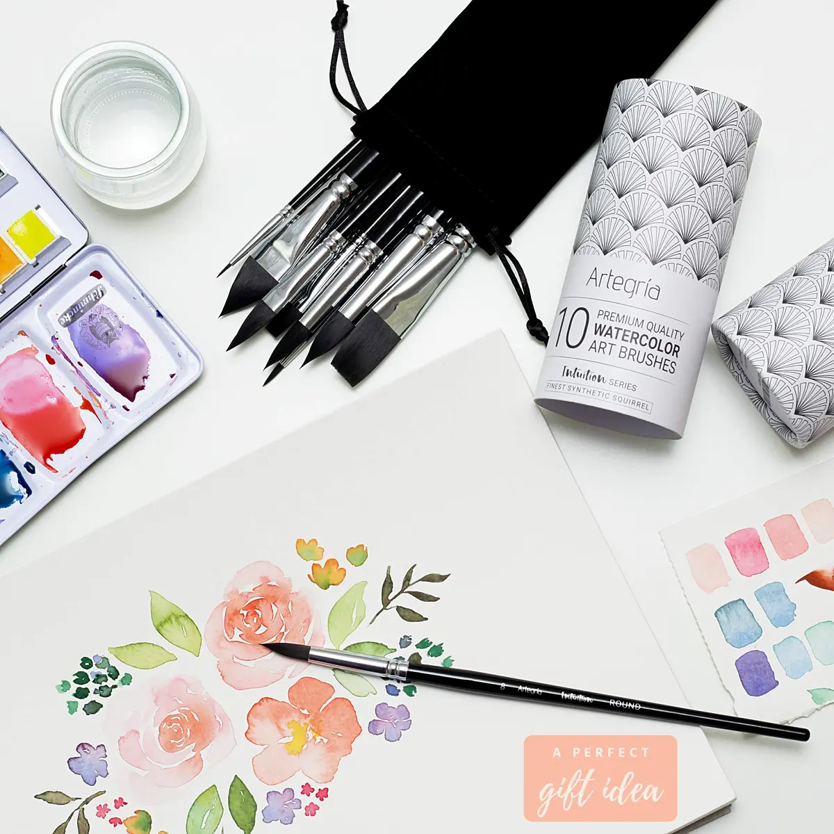 ARTEGRIA Watercolor Brush Set, 10 Soft Synthetic Squirrel Brushes with Dagger, Oval Wash, Flats & Rounds | Professional Grade, Pointed Rounds, Flats, Dagger and Oval Wash (Cat's Tongue) - view 2