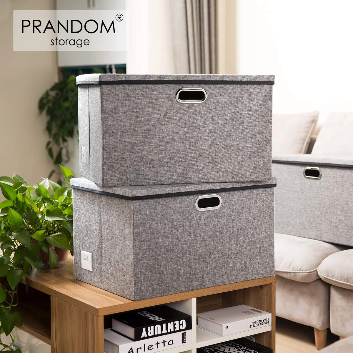 PRANDOM Extra Large Collapsible Storage Bins with Lids 22.8x15.75x13.8 | Linen Fabric Foldable Organizer (70-120c) - view 2
