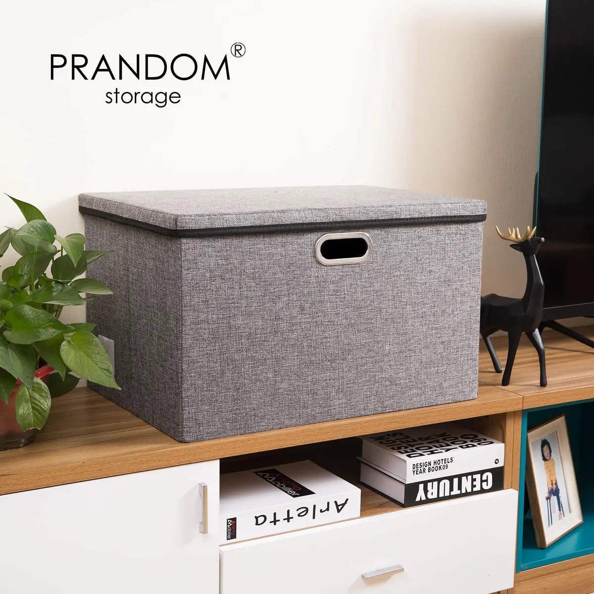 PRANDOM Extra Large Collapsible Storage Bins with Lids 22.8x15.75x13.8 | Linen Fabric Foldable Organizer (70-120c) - view 3