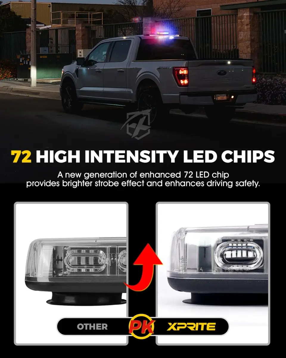 Xprite 12" 72-LED Rooftop Strobe Light Bar with Magnetic Base | 12V-24V Construction Vehicle Warning Beacon - view 4
