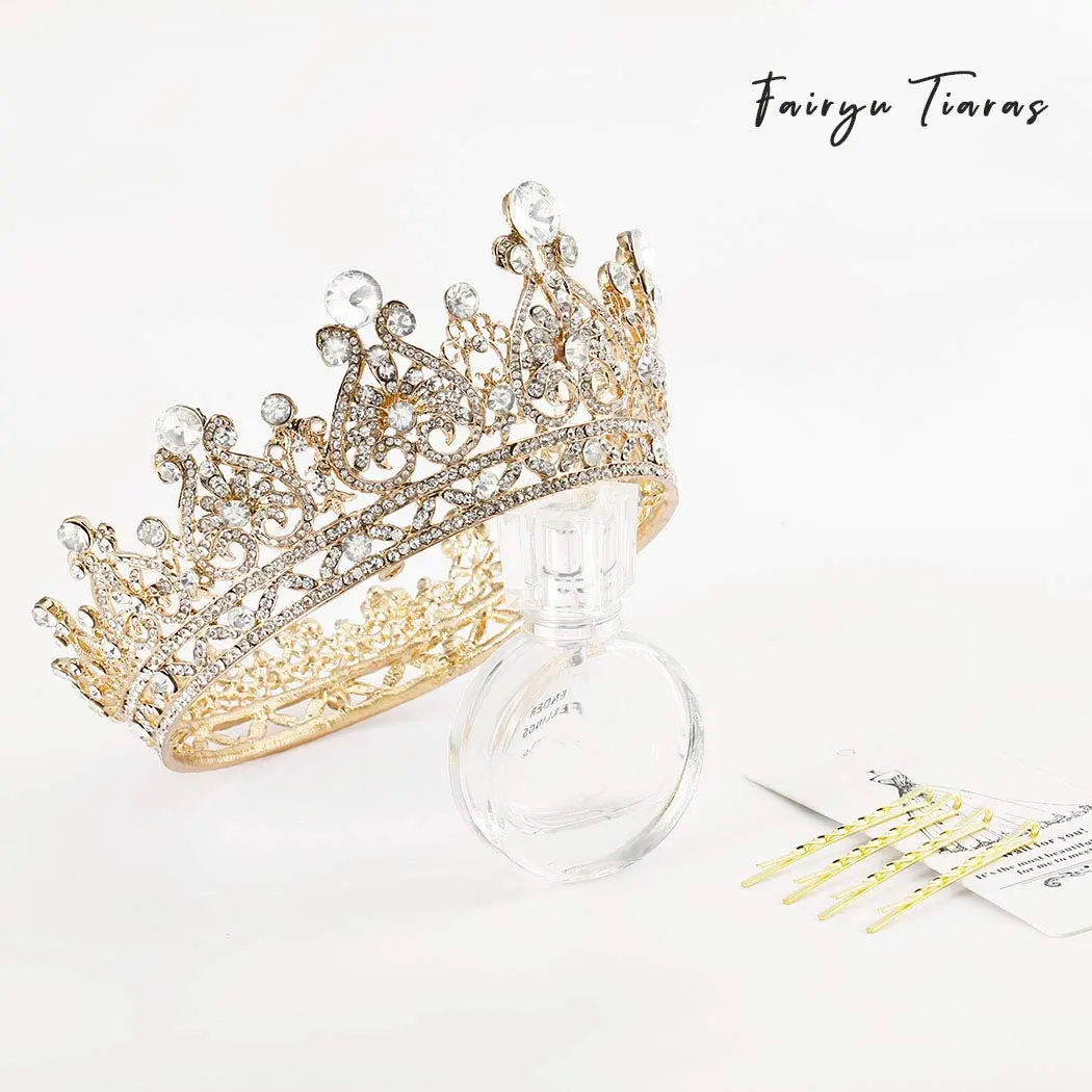 Foyte Gold Bridal Crown | Elegant Wedding Tiara with Rhinestones & Pearl (5.11 in) - view 2