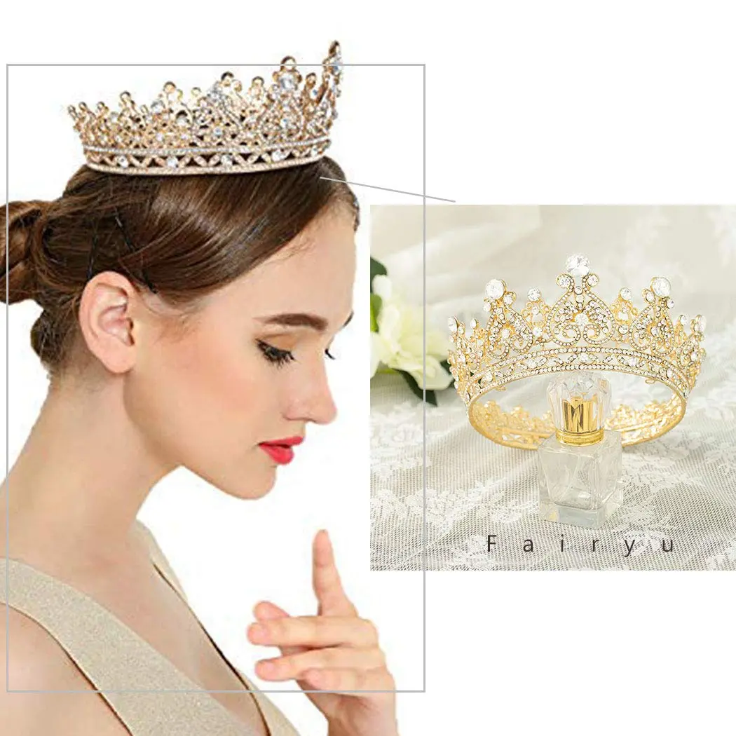 Foyte Gold Bridal Crown | Elegant Wedding Tiara with Rhinestones & Pearl (5.11 in) - view 4