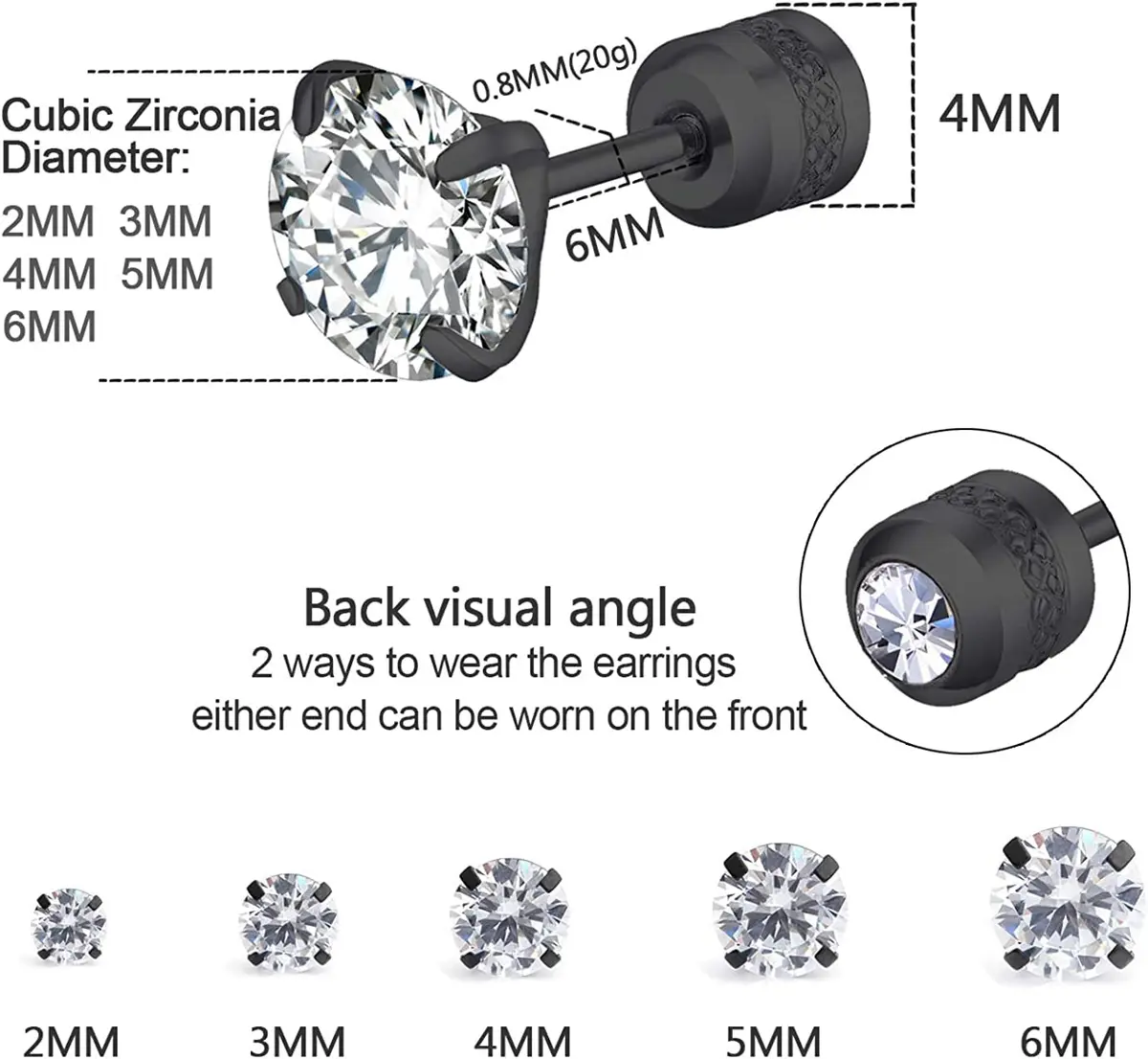 Comelyjewel Black Stainless Steel Stud Earrings Set with Cubic Zirconia | Hypoallergenic 6mm - view 3
