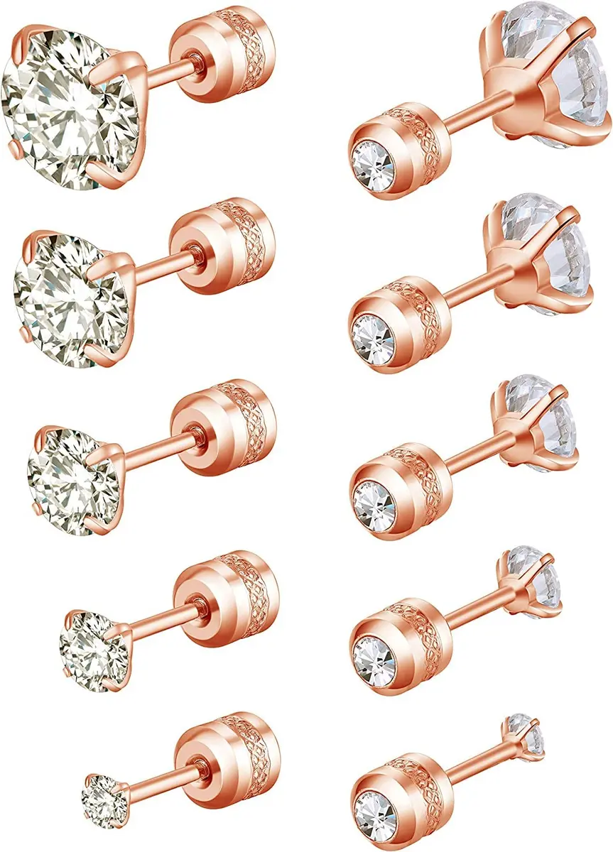 Comelyjewel Rose Gold Plated Stainless Steel Stud Earrings Set | 5 Pairs Hypoallergenic Cubic Zirconia 2-6mm - main product image