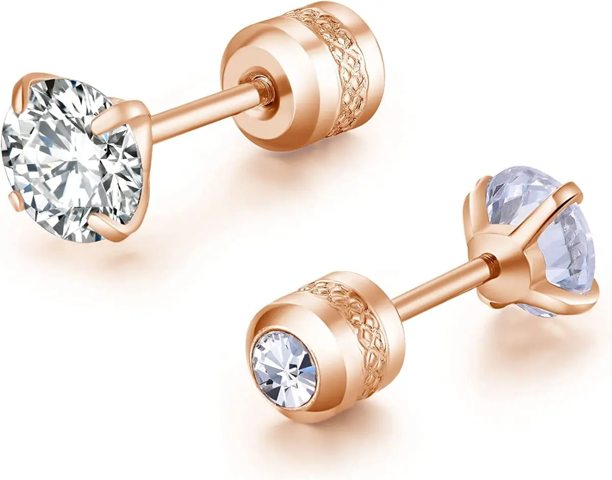 Comelyjewel Rose Gold Plated Stainless Steel Stud Earrings Set | 5 Pairs Hypoallergenic Cubic Zirconia 2-6mm - view 2