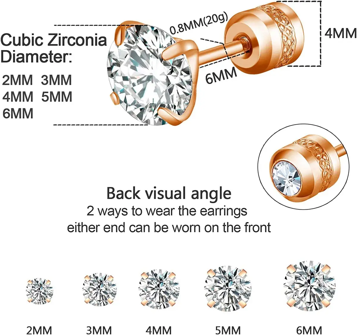 Comelyjewel Rose Gold Plated Stainless Steel Stud Earrings Set | 5 Pairs Hypoallergenic Cubic Zirconia 2-6mm - view 3