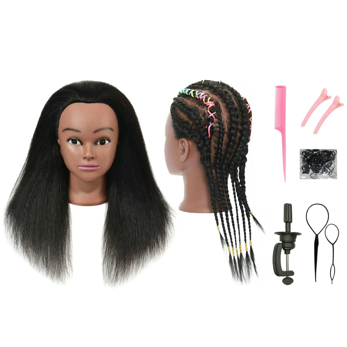 RYHAIR Mannequin Head with Human Hair for Hairdresser Training Braiding Styling Manikin Cosmetology Makeup Manican Doll Display Practice with Stand | 22 Inch Long Black Straight Hair - main product image