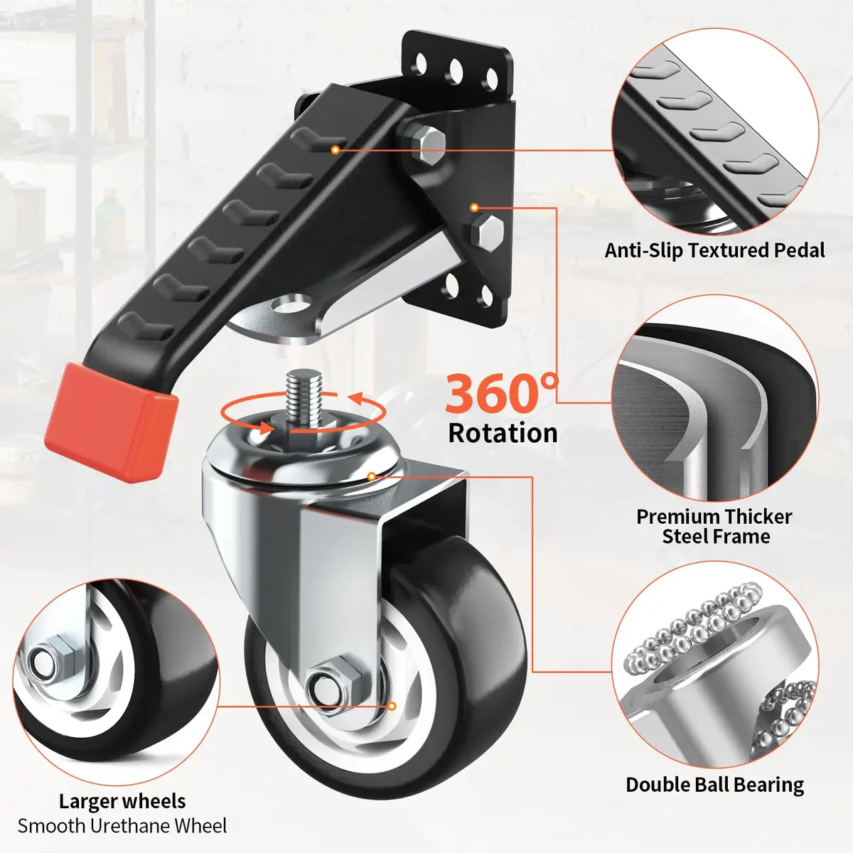 SPACEKEEPER Workbench Casters Kit 880 Lbs - 3 Inch Heavy Duty Retractable Caster for Workbenches & Machinery, 4 Pack | Durable Steel & Urethane Wheels - view 3