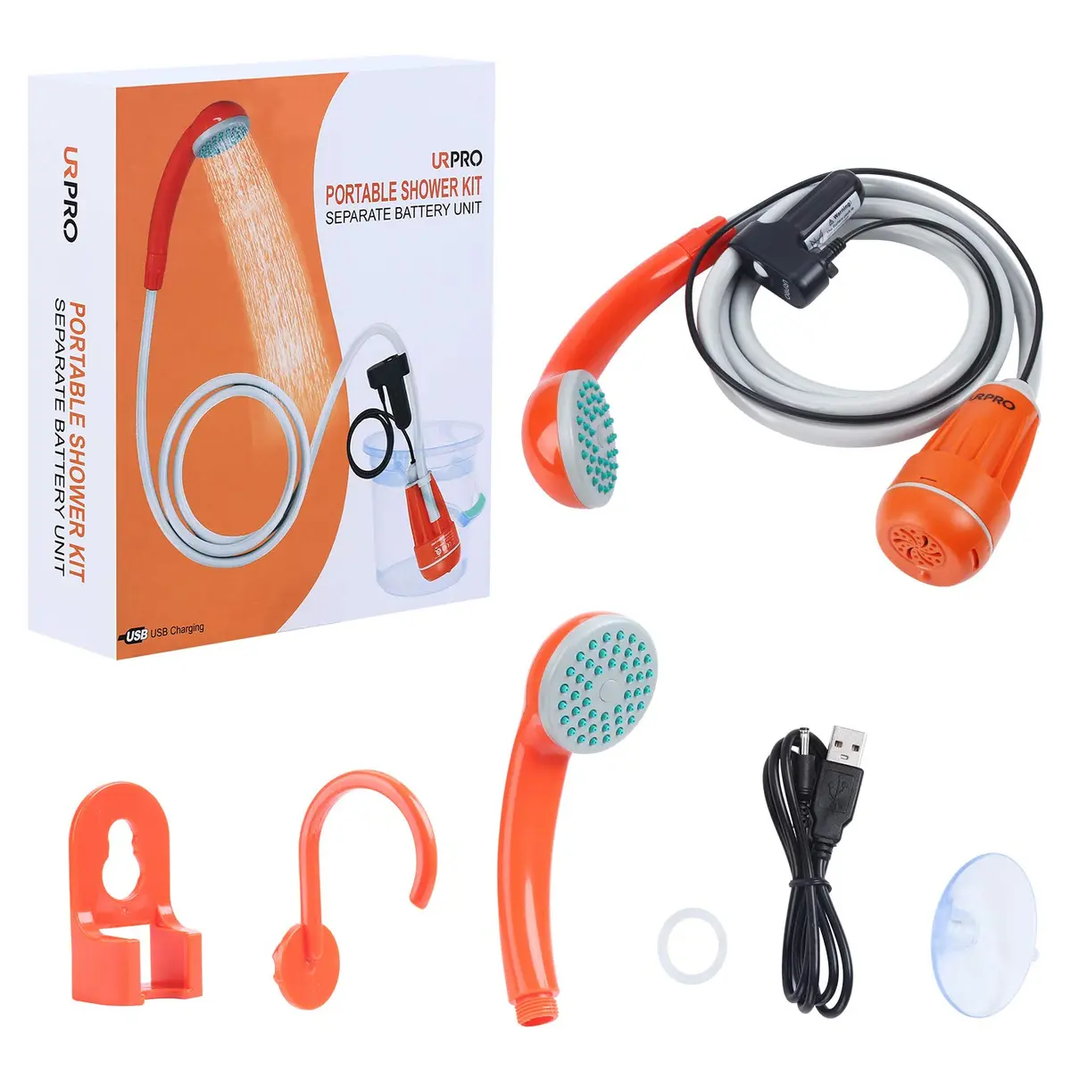 URPRO Portable Camping Shower, Outdoor Shower Head, Pump, USB Rechargeable, Water from Bucket, Hiking & Pet Cleaning | 45-60min Use - view 8