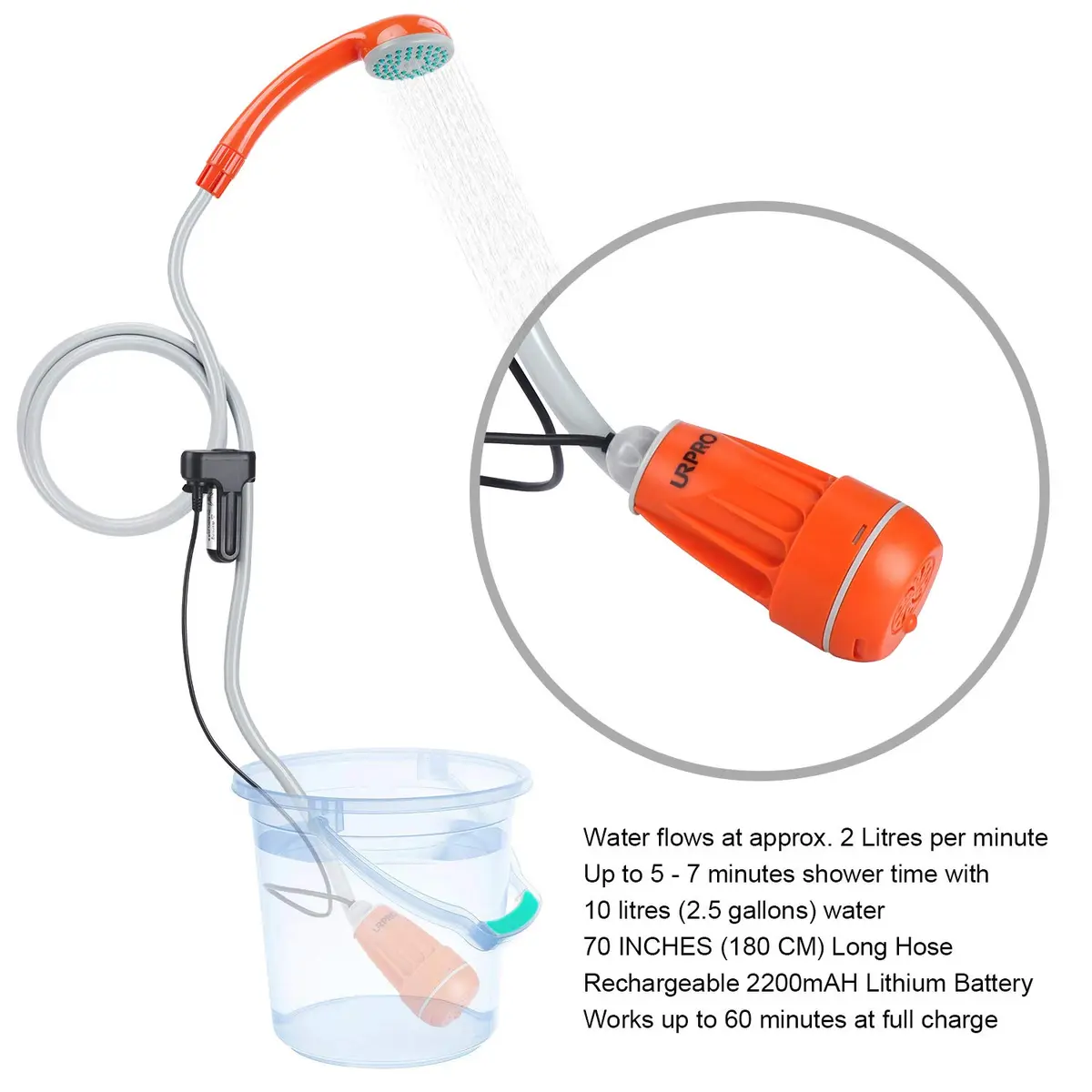 URPRO Portable Camping Shower, Outdoor Shower Head, Pump, USB Rechargeable, Water from Bucket, Hiking & Pet Cleaning | 45-60min Use - view 2