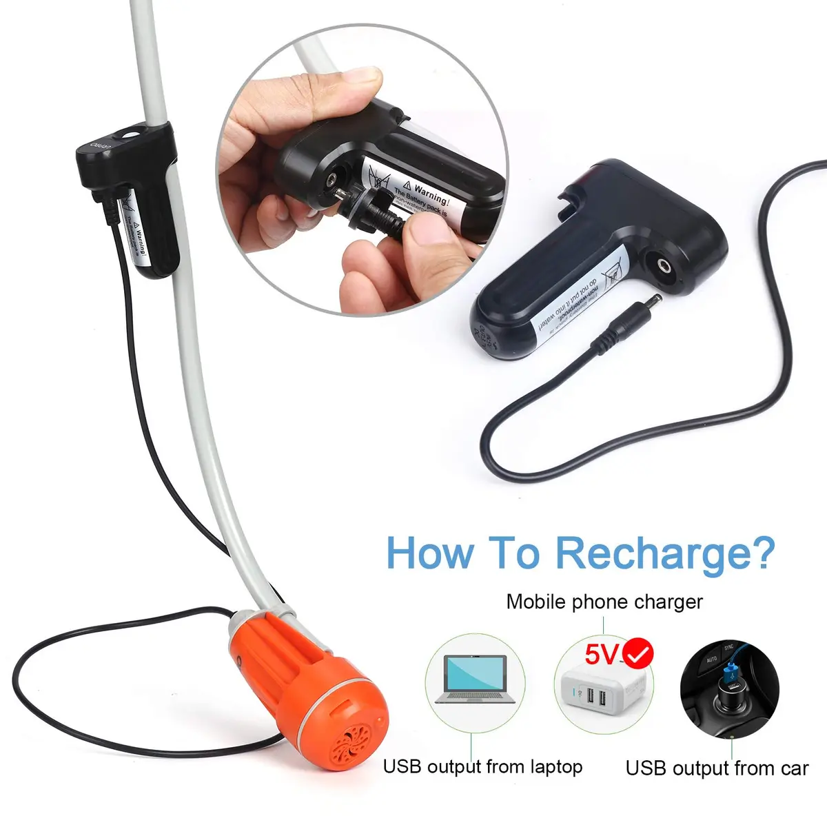 URPRO Portable Camping Shower, Outdoor Shower Head, Pump, USB Rechargeable, Water from Bucket, Hiking & Pet Cleaning | 45-60min Use - view 4
