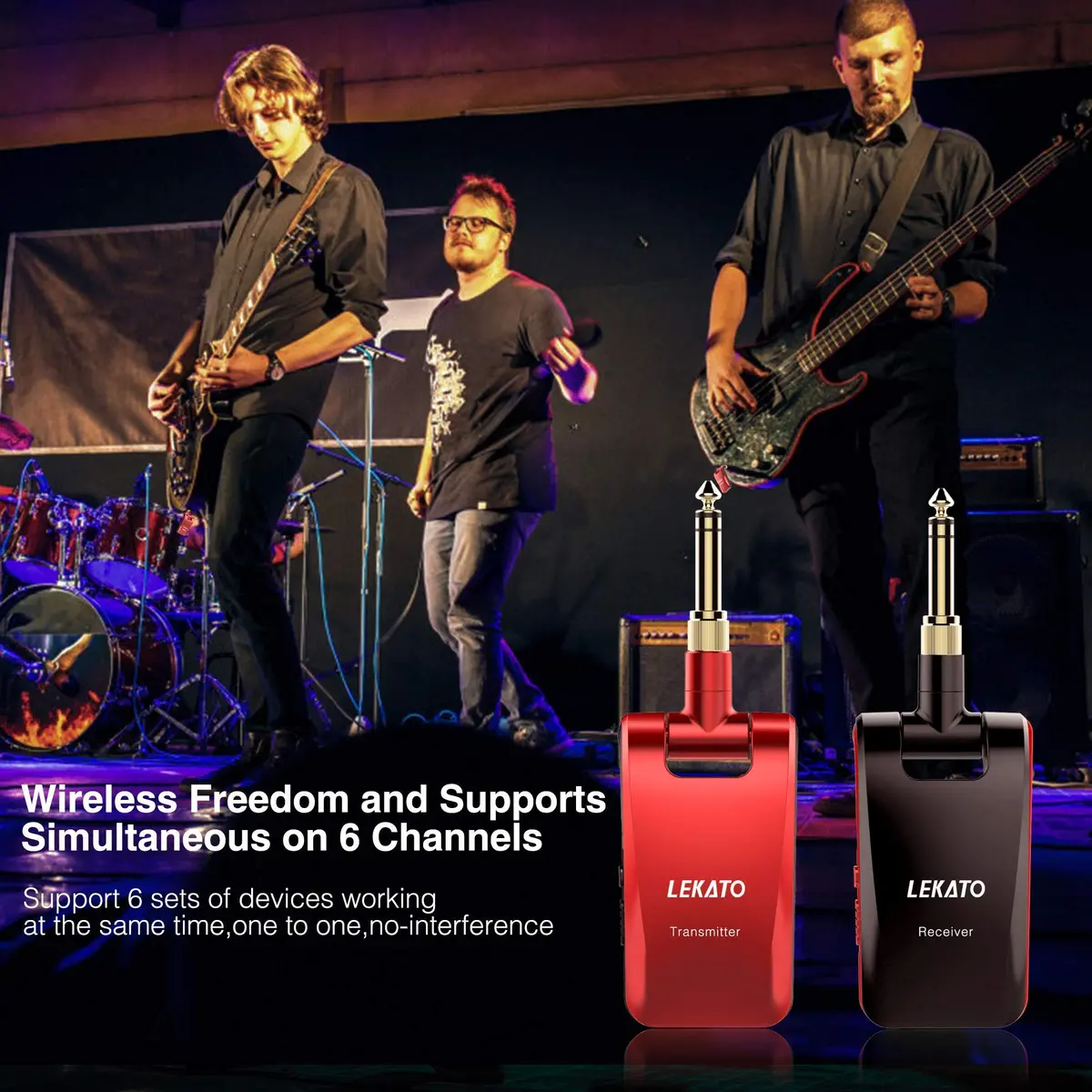 LEKATO Wireless Guitar System 2.4GHz | 6 Channels Rechargeable, Stereo & Mono Support (Black & Red) | 100+ ft Range - view 5