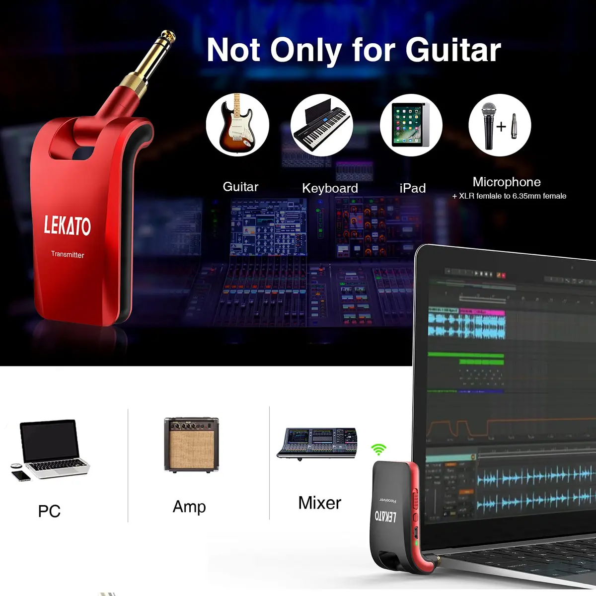 LEKATO Wireless Guitar System 2.4GHz | 6 Channels Rechargeable, Stereo & Mono Support (Black & Red) | 100+ ft Range - view 6
