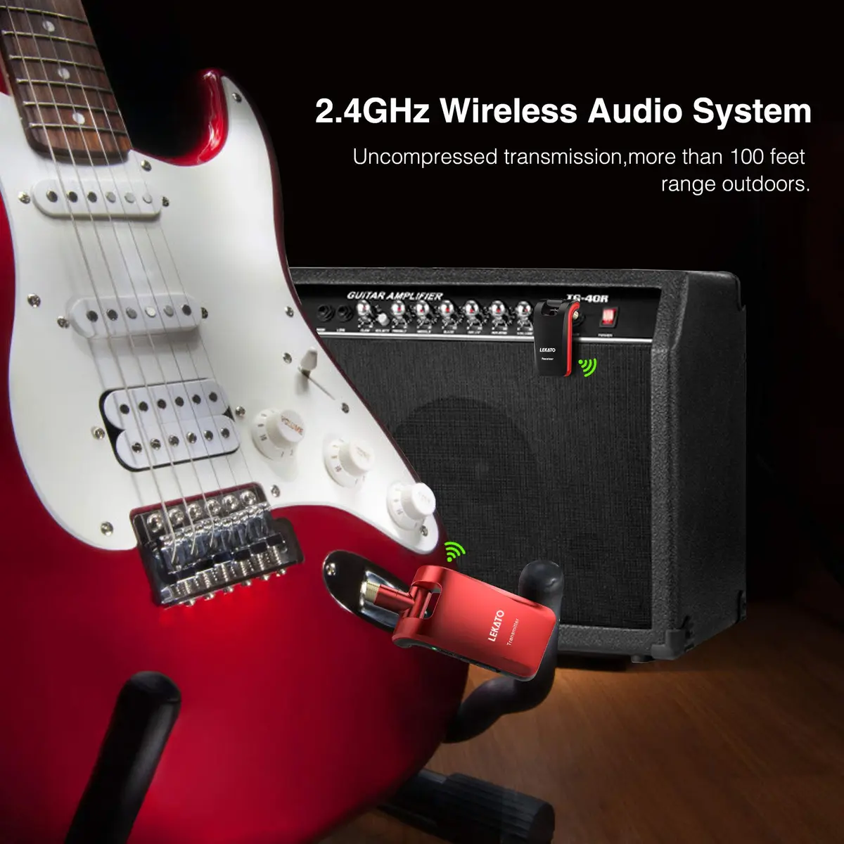 LEKATO Wireless Guitar System 2.4GHz | 6 Channels Rechargeable, Stereo & Mono Support (Black & Red) | 100+ ft Range - view 8