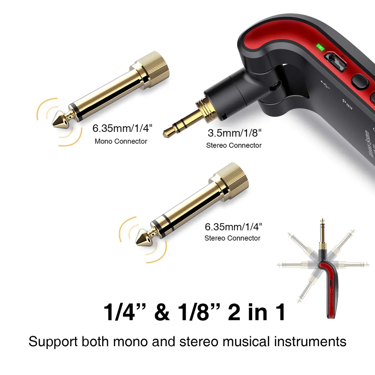 LEKATO Wireless Guitar System 2.4GHz | 6 Channels Rechargeable, Stereo & Mono Support (Black & Red) | 100+ ft Range - view 2