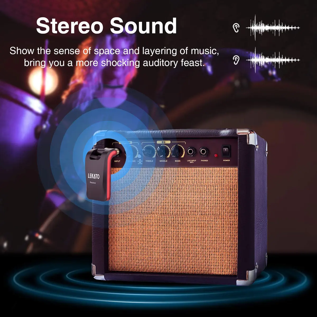 LEKATO Wireless Guitar System 2.4GHz | 6 Channels Rechargeable, Stereo & Mono Support (Black & Red) | 100+ ft Range - view 3