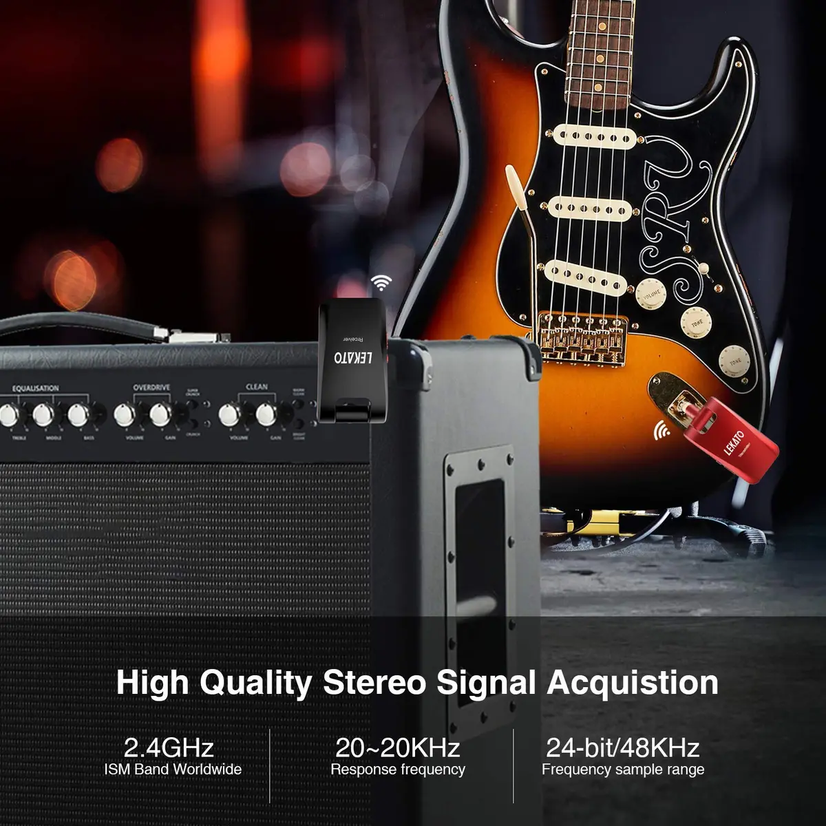 LEKATO Wireless Guitar System 2.4GHz | 6 Channels Rechargeable, Stereo & Mono Support (Black & Red) | 100+ ft Range - view 4
