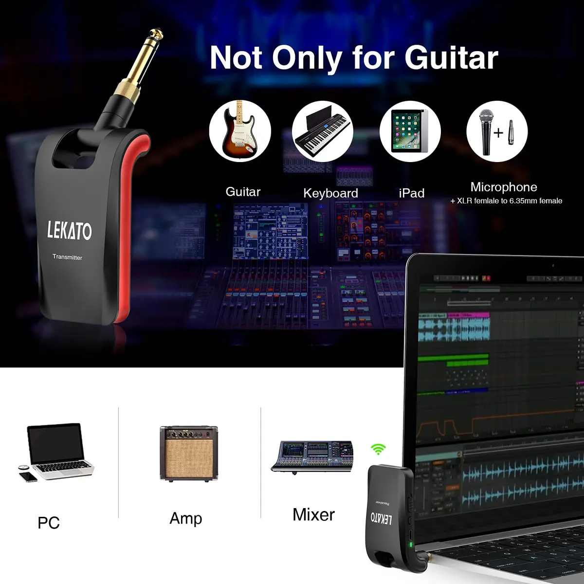 LEKATO WS-60 Wireless Guitar System 2.4GHz Rechargeable Transmitter Receiver | 6 Channels Stereo Mono 1/4” & 1/8” Plugs - view 6