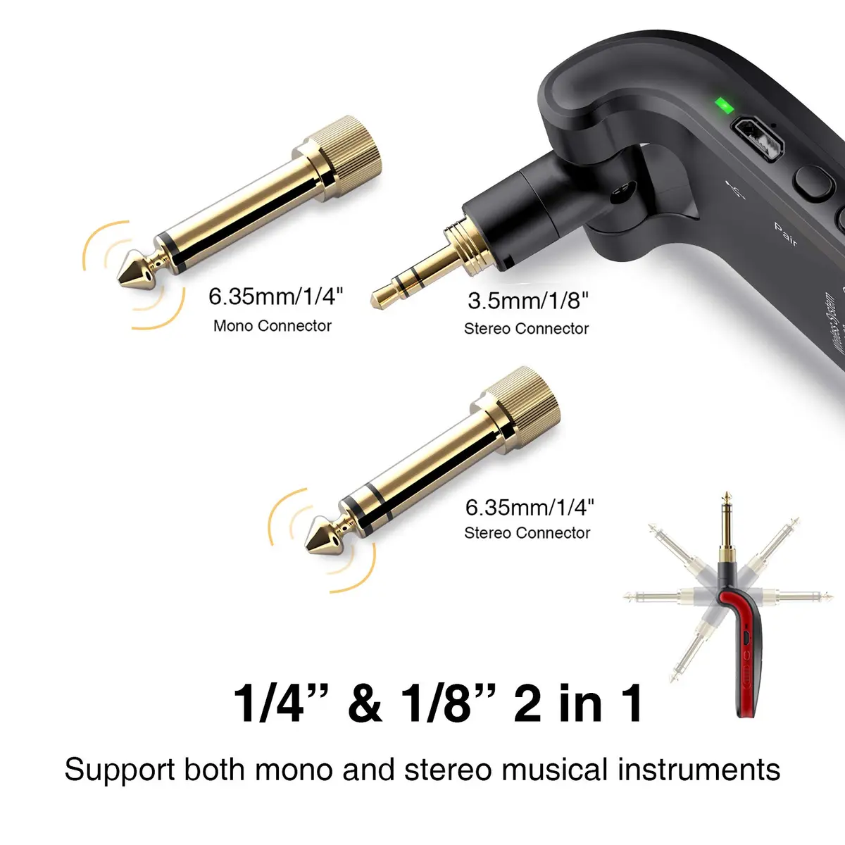 LEKATO WS-60 Wireless Guitar System 2.4GHz Rechargeable Transmitter Receiver | 6 Channels Stereo Mono 1/4” & 1/8” Plugs - view 2