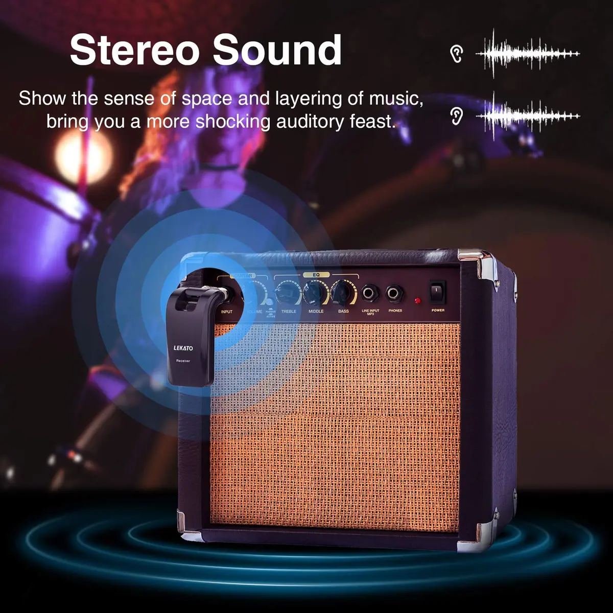 LEKATO WS-60 Wireless Guitar System 2.4GHz Rechargeable Transmitter Receiver | 6 Channels Stereo Mono 1/4” & 1/8” Plugs - view 3