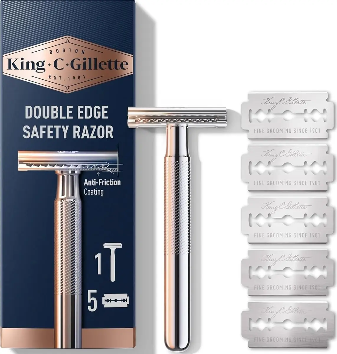 King C. Gillette Safety Razor with Chrome Plated Handle & 5 Platinum Blades | Classic Precision Shave - main product image
