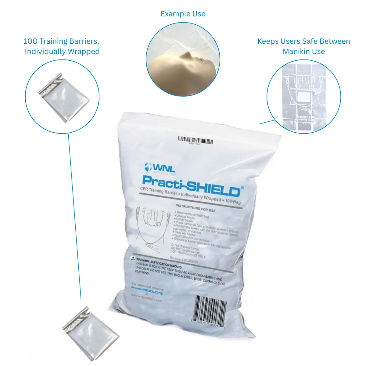 WNL Products WL3100IW CPR Manikin Shields, 100 Individually Wrapped - view 2