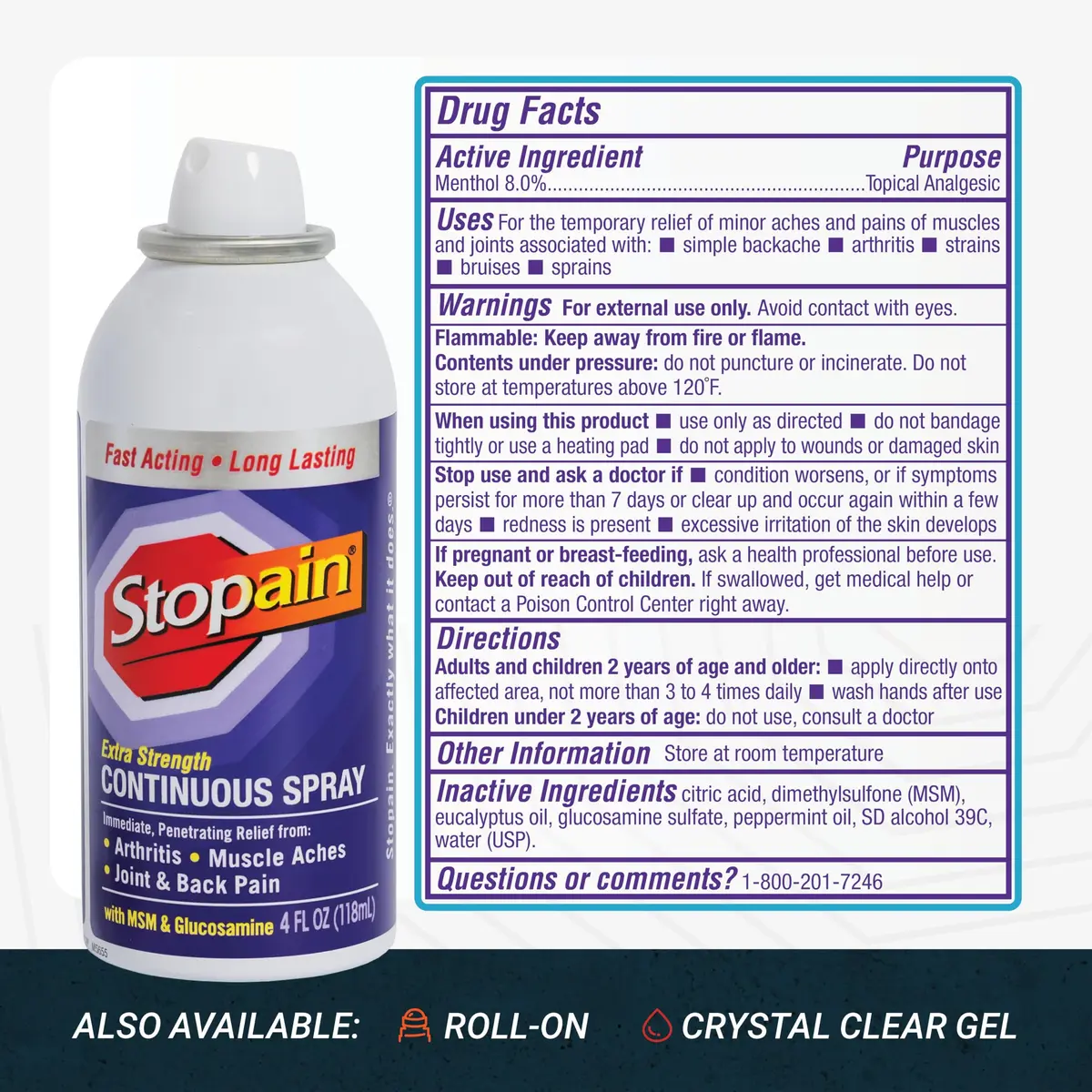 Stopain Pain Relief Spray 4oz (2 Pack) USA Made, Max Strength, Fast Acting with MSM, Glucosamine, Menthol for Arthritis, Lower Back, Neck - view 7