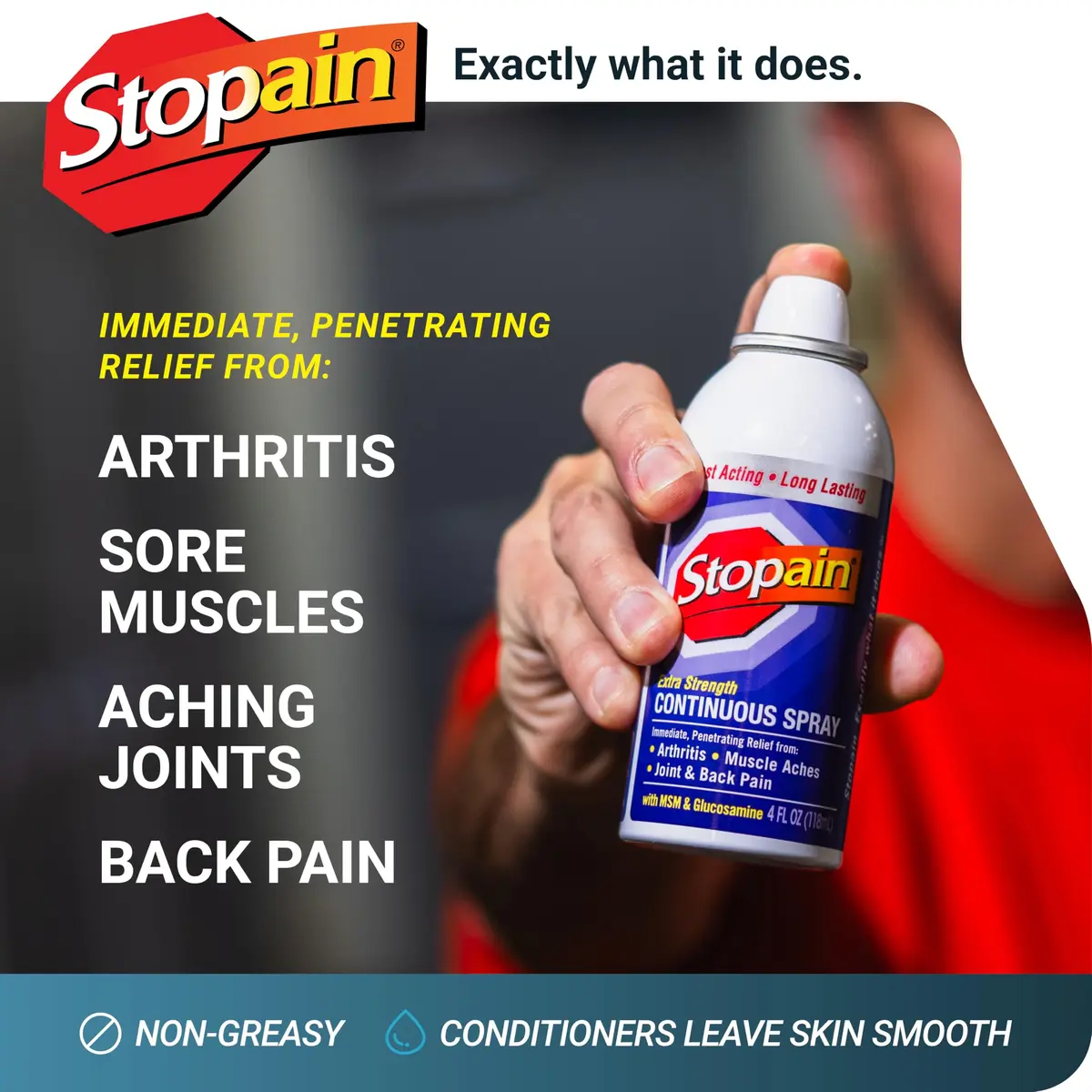 Stopain Pain Relief Spray 4oz (2 Pack) USA Made, Max Strength, Fast Acting with MSM, Glucosamine, Menthol for Arthritis, Lower Back, Neck - view 2